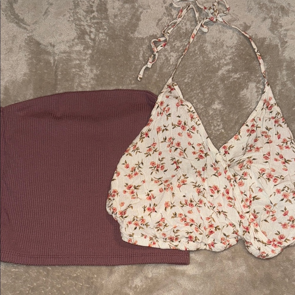 Floral Halter Crop Top & Ribbed Bandeau Set - Cream Floral + Mauve